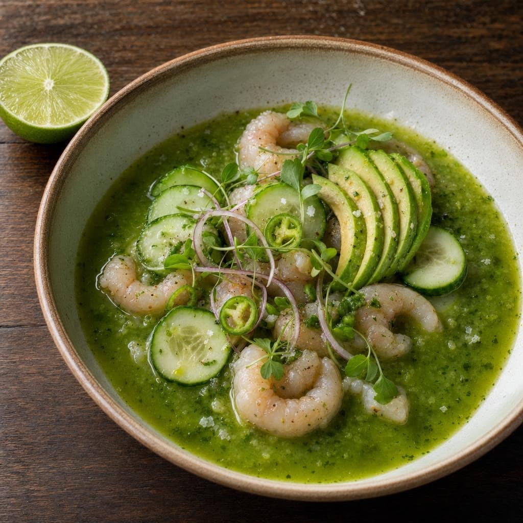 Aguachile verde — raw Pacific shrimp in bright green chile-cilantro-lime broth, cucumber, avocado, serrano, micro greens, sea salt, in a handmade ceramic bowl