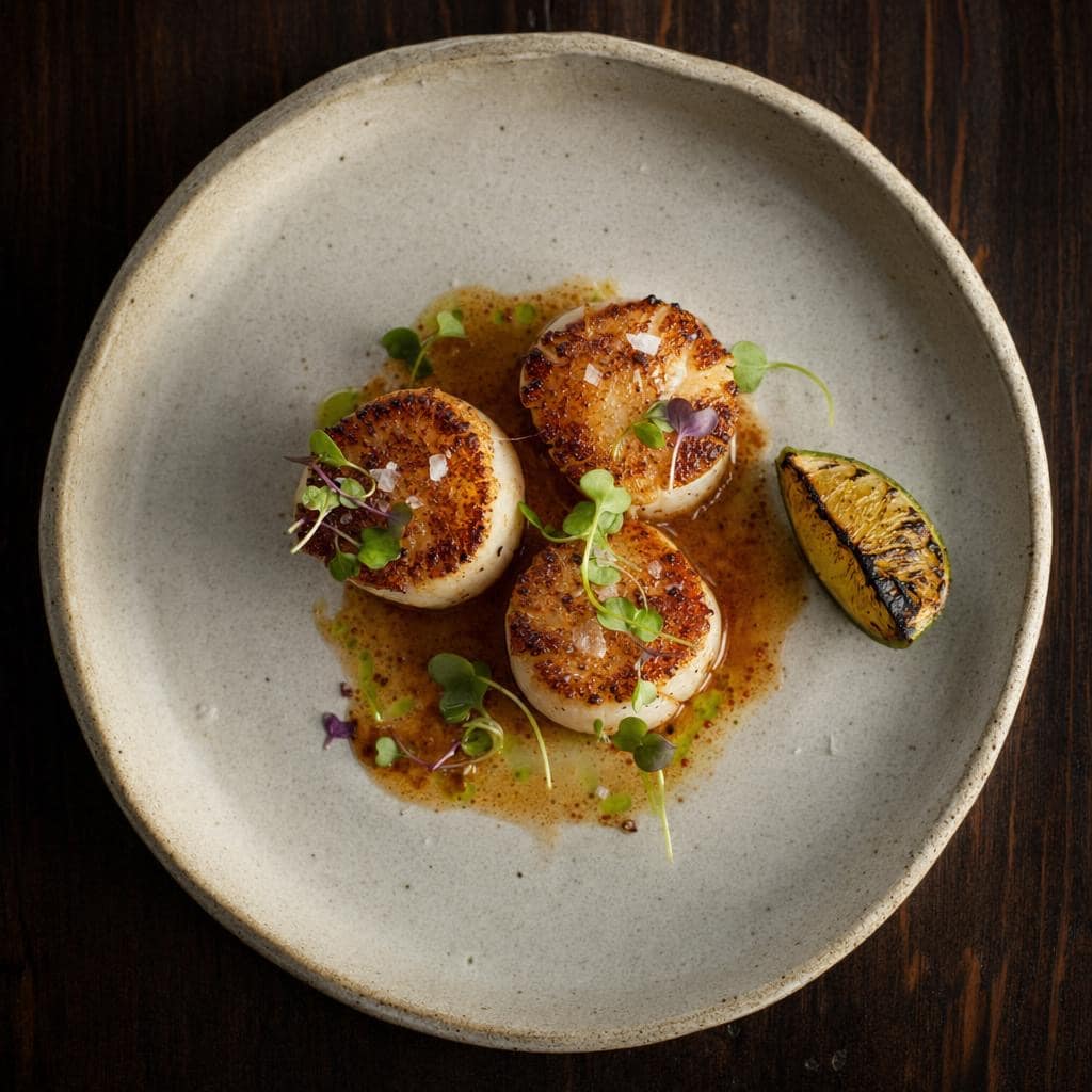 Callo de hacha — three seared scallops with chile-infused brown butter, charred lime, microgreens, and sea salt on a stone-ware plate