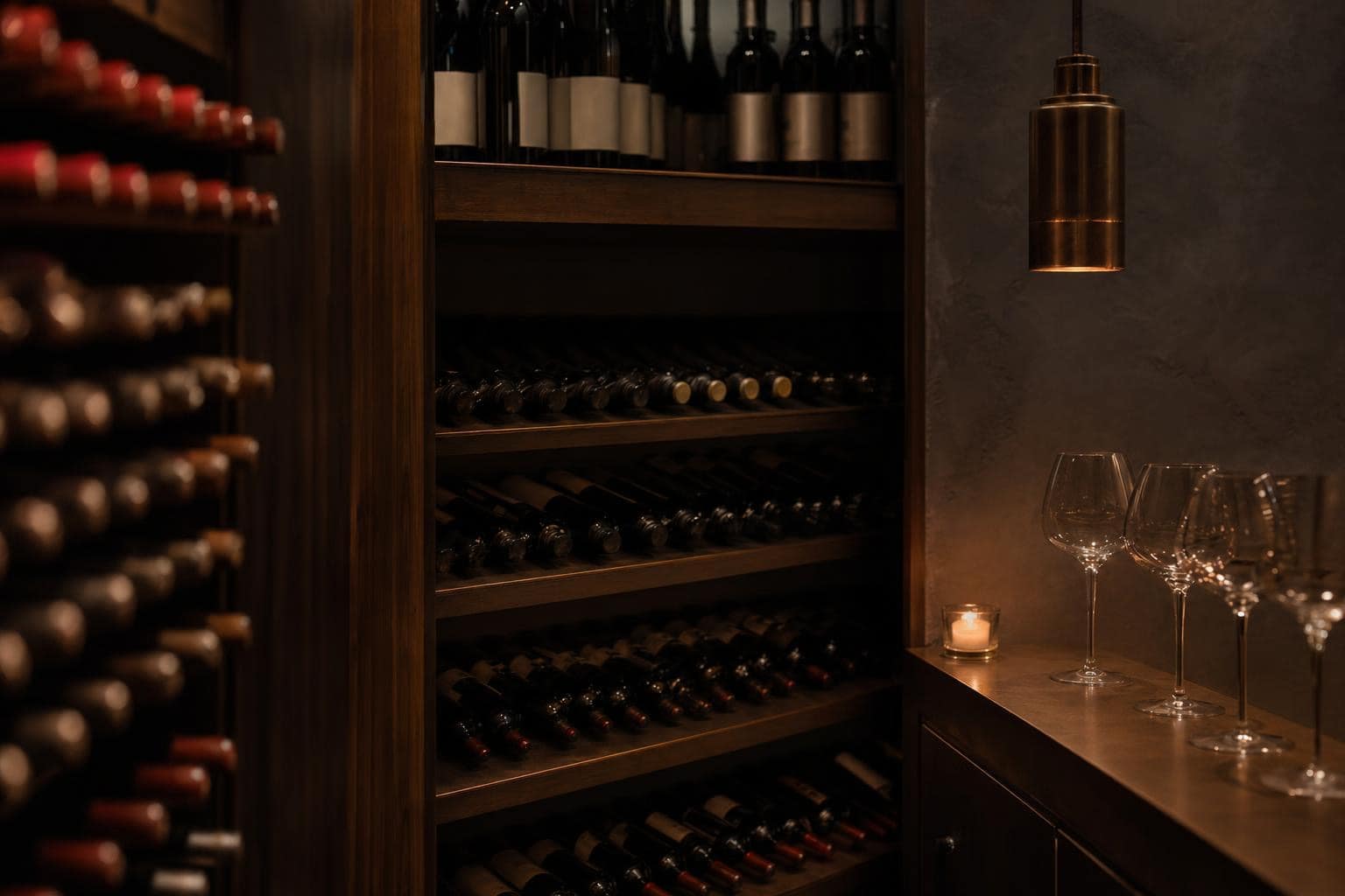 Dim wine cellar nook — dark wood racks, stem glasses on a bronze counter, candle, brass pendant