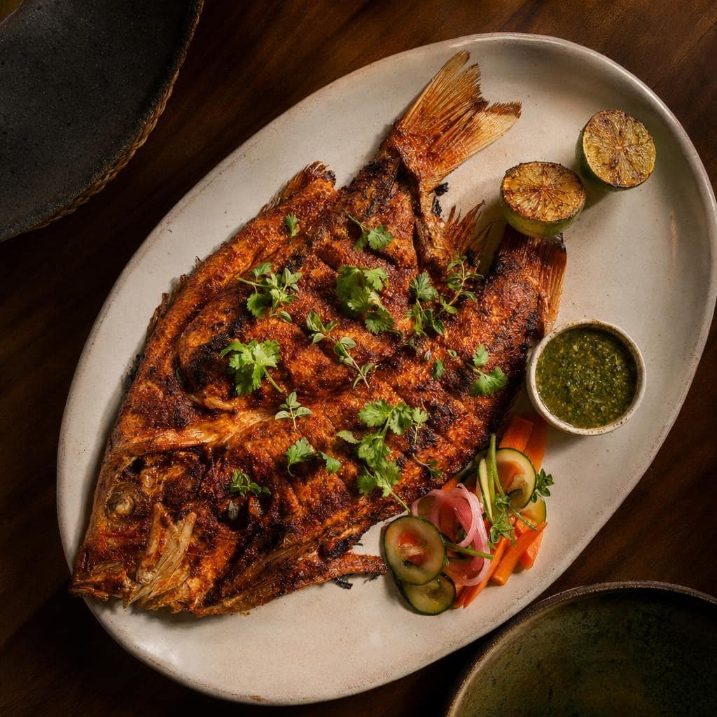 Pescado zarandeado — whole butterflied snapper with achiote-citrus glaze, charred lime, herbs, green salsa, and pickled vegetables on a ceramic platter