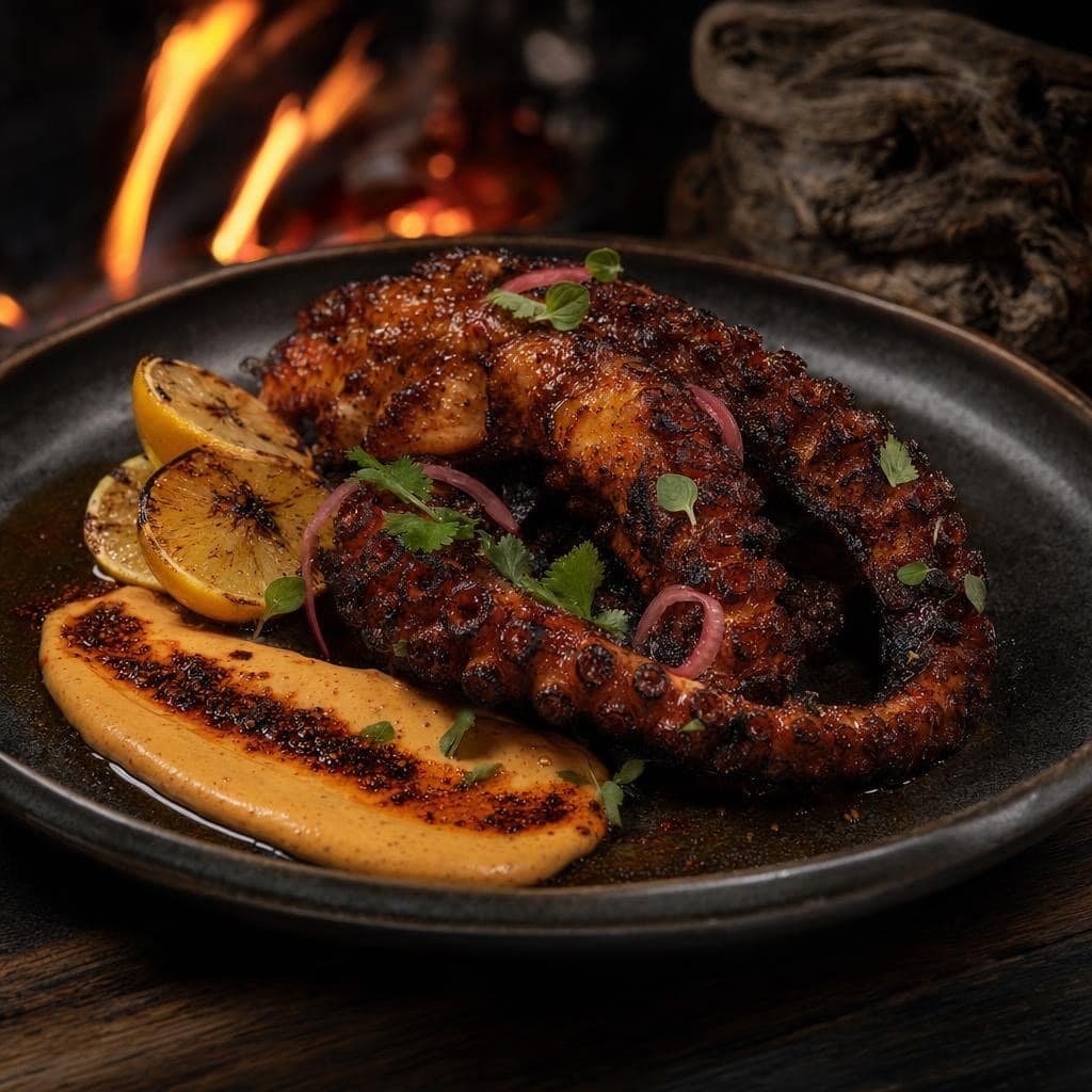 Pulpo a las brasas — charred octopus with smoky adobo glaze, salsa macha, chipotle aioli, pickled red onion, and charred lemon