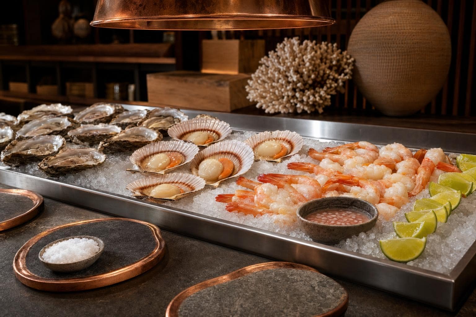 Mar de Oro raw bar — oysters, scallops on the half shell, sweet shrimp, and lime wedges on crushed ice
