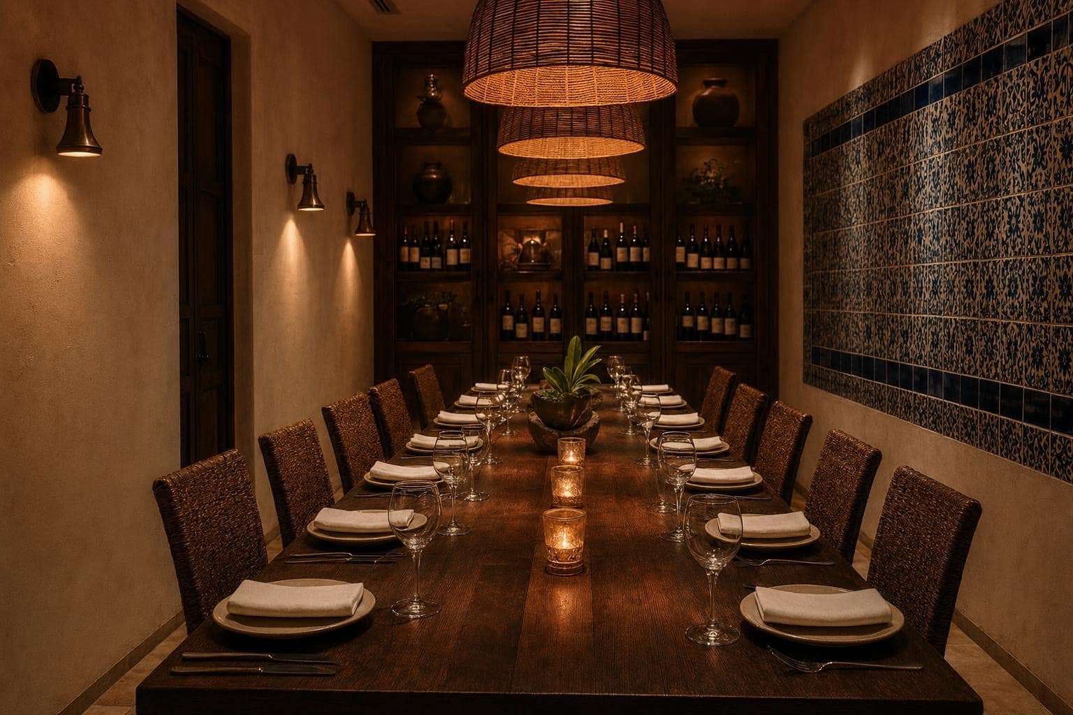 Private dining room — one long candlelit table for twelve, woven pendants, blue-and-white tile, dark wood wine cabinet at the back