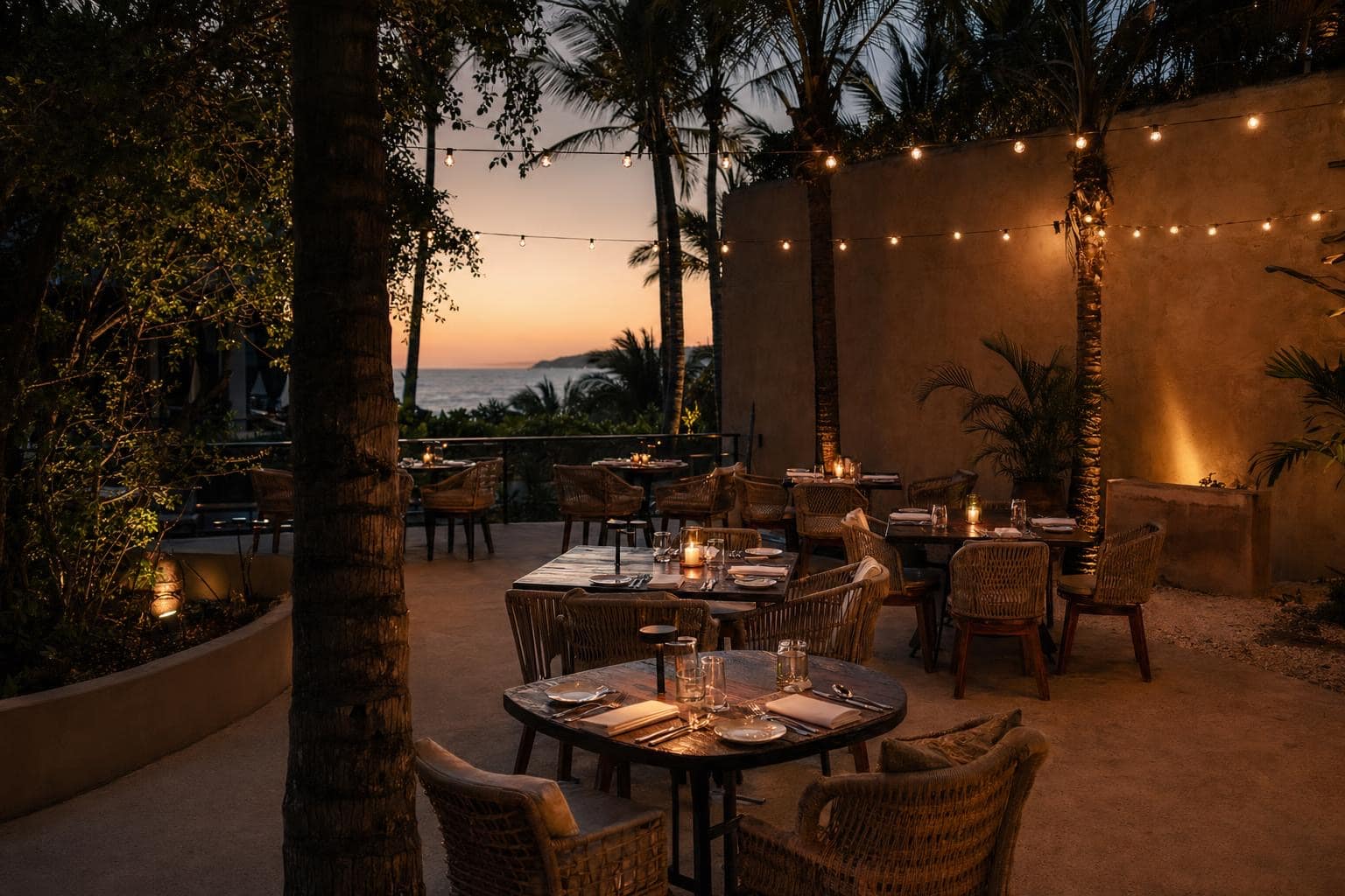 Punta de Mita terrace at dusk — woven chairs, candles on every table, palm trees, Pacific horizon glowing at sunset, warm string lights overhead