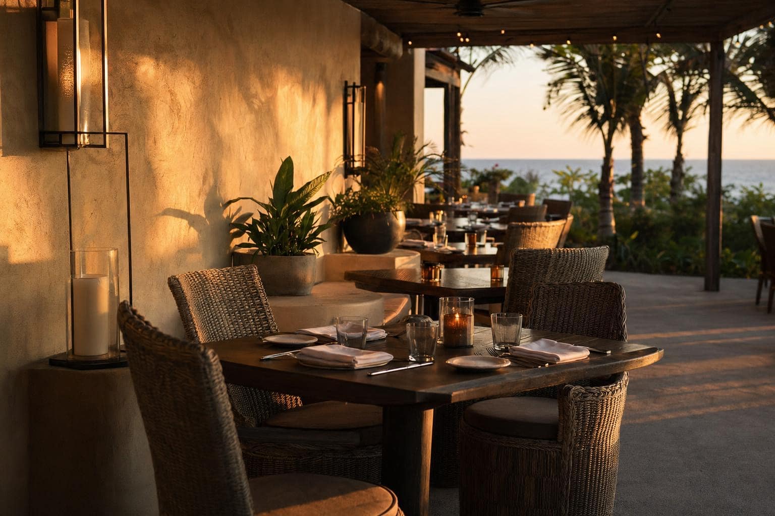 Punta de Mita terrace at golden hour — woven chairs, candles, palm shadows, ocean horizon