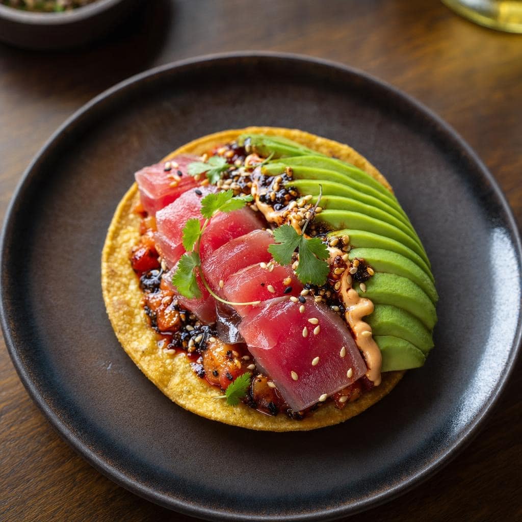 Tostada de atún — raw bluefin on crisp corn tostada with chipotle aioli, salsa macha, fanned avocado, sesame seeds, and micro herbs