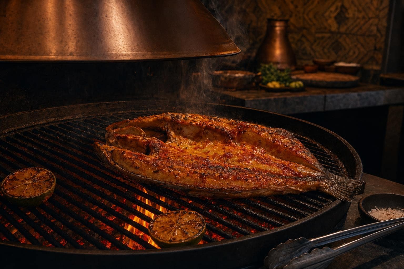 Whole butterflied fish on the wood-fire grill — glowing embers, charred citrus, copper hood